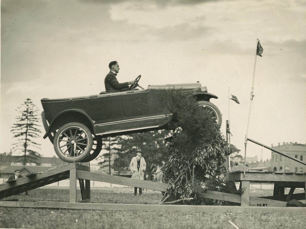 01 Overland car jumping a fallen bridge in a promotional stunt, 1920 - 1929.jpg
