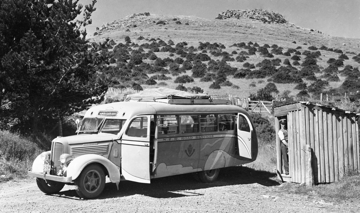 1938 Dodge bus Hickory Bay junction Banks Peninsula 1951.jpg