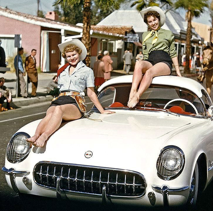 1953 Chevy Corvette cowgirls on hood.JPG