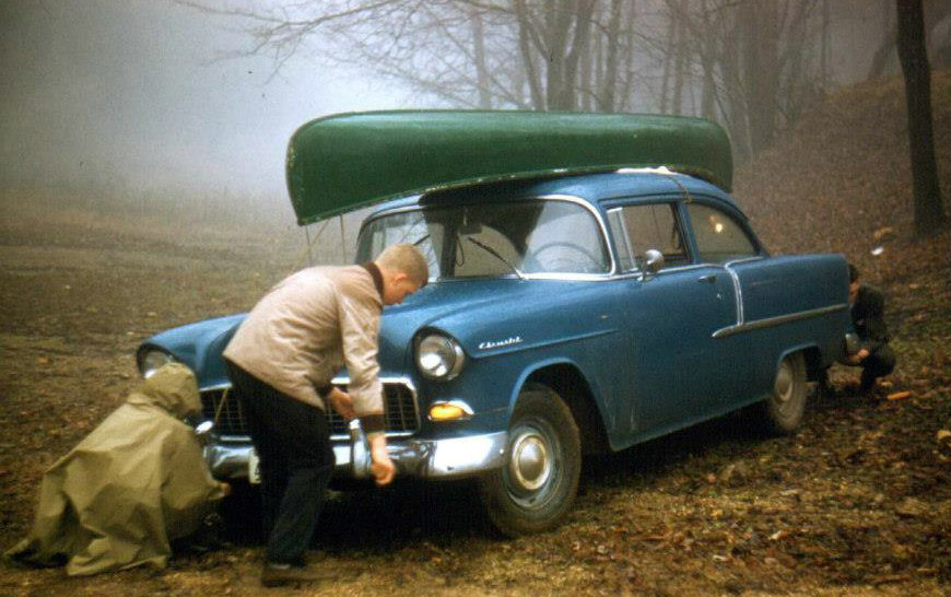 1955 210 Post 2 Dr Sedan w-canoe on roof.jpg