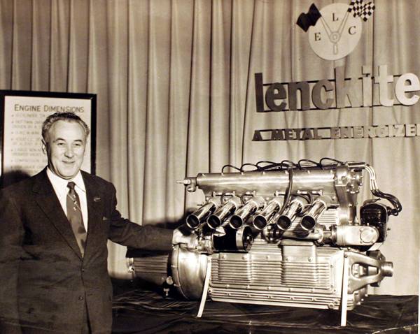 1engine6 Joe Lencki standing next to his 4 valve DOHC “Lencki Six” Indy engine, 1954..jpg