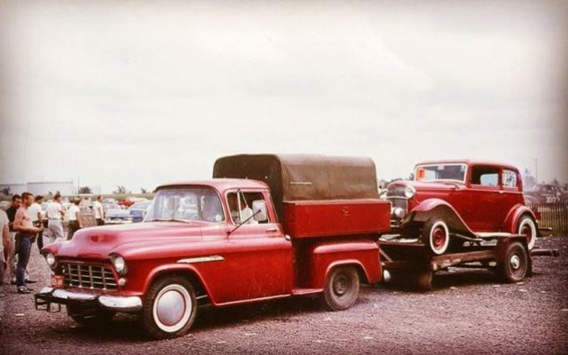 Chevy pickup towing a Deuce Vicky dragcar.JPG