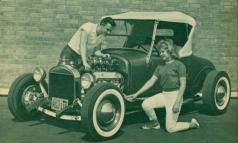 Dale Gould & sister Maxine Gould with his '27 T roadster, 1961.JPG