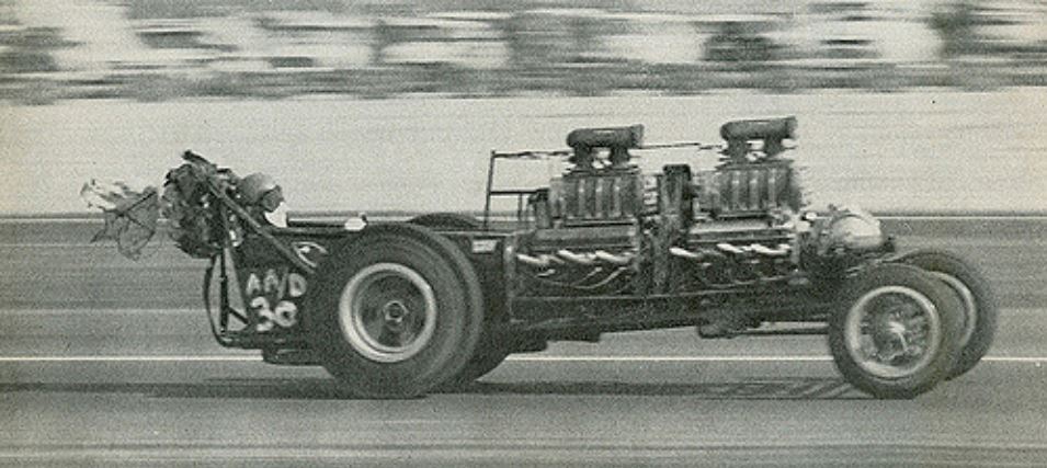 Dub Bunton in Jack's Auto Parts twin-Chevy, 1961 Note chute coming out.JPG