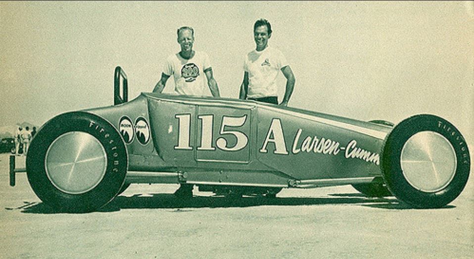 Fred Larsen & Don Cummins with their 212 mph Bonneville roadster, 1961.JPG