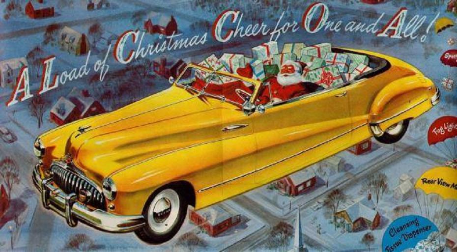 holiday Christmas car 1950 Buick Santa sleigh postcard.jpg