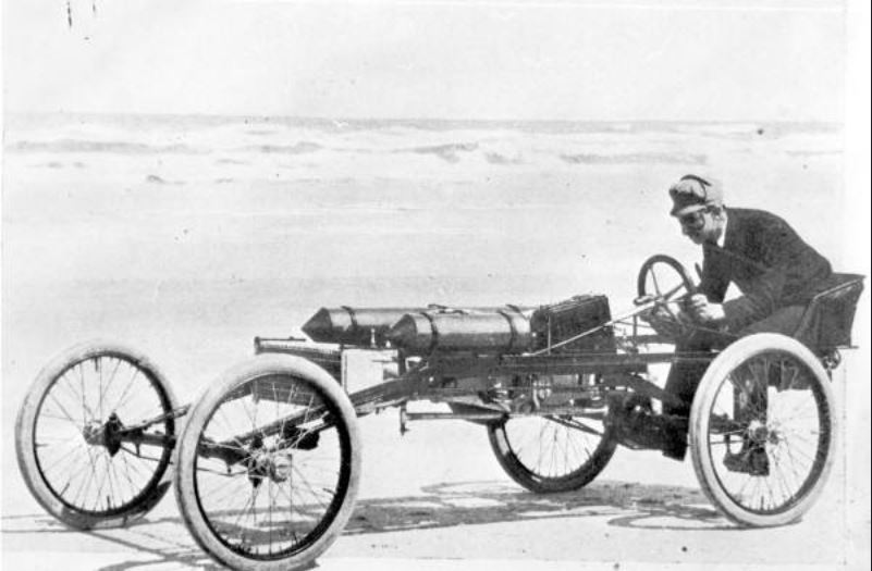 Ransom Eli Olds makes a run on his Olds Pirate in 1896..JPG