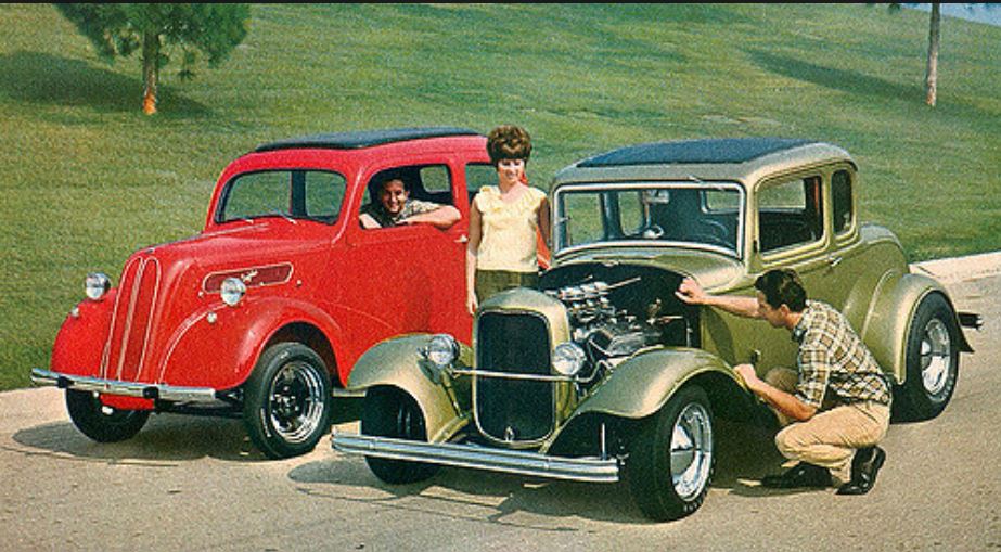 Red Anglia belongs to Ron Cappel, the '32 Ford is his brother Gerry Cappel, 1965.JPG