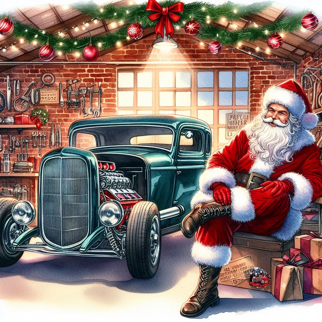 watercolor 1959 blonde and santa claus garage hot rod.jpg