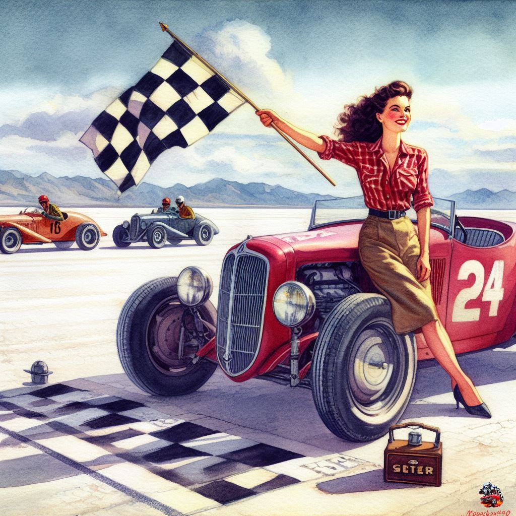 watercolor photo 1940 ford salt flats brunette woman holding checkered flag starting line.jpg