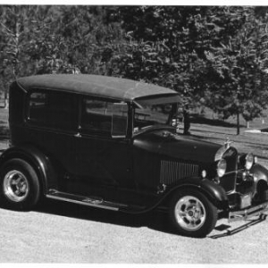 '28 AR Sedan. Built in 72-73. 331" 327, aluminum power glide, Halibrand magnesium Champ rear end. 4 1/2" and 9" real Halibrand magnesium wheels, and real knock offs. This car was inspired by Larry Lee's '29 sedan that I saw in Gary Canning's first car show at the Pasadena Civic Auditorium in 1962.