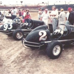 Dad's #93, and my #2 at Ascot. I Restored this '48 KK midget in 1987. Chassis # 275. .110 over '39 V8-60 with Clay Smith M3 cam, Offy heads, Edlebrock manifold with two 81's, and a Harmon-Collins mag. Lettered it # 2 as it was the 2nd fastest V8 60 in the WRA. Dad's # 93 was faster. Voted best appearing car at the last Ascot Old Timers night, June 1989.