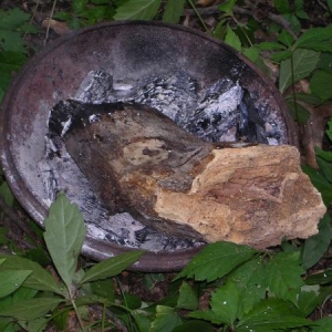 How to light a torch after you lose the "striker" and can't find matches. So you go to the burn pile and dig out "coals" with a hubcap and light the torch old school.....hahaha.....