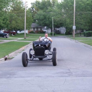 It survived a trip around the block!  Even the ahooga horn worked.  I have since driven it several hundred miles.  It thankfully drives good-n-straight with no wobbles or shimmies.  Who'da thunk it for a 1st time car builder...  These pics were taken in June 2008.