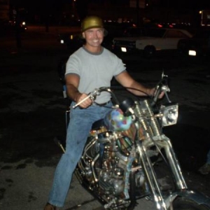 Playing bad ass biker with my Big Daddy Roth metalflake helmet......1958 Panhead......built 40 years ago.....Hartmans Bash 08