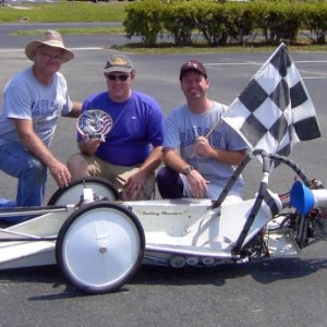 My son Lance with flag,Rex and I were looking for some low buck fun racing after closing my Race Car shop down 2003,races that we also could do at home along with our hot rods.
This runs for 1 hr. races on only 2 car batterys as power.
http://electrathonfl.homestead.com/