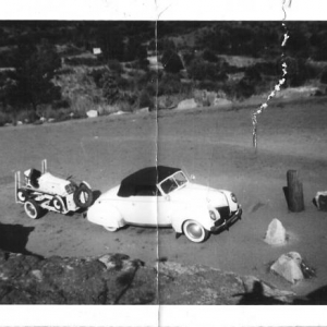 39 rumble seat convertible
This is the car my Dad and Mom came to California in. Seen here in Garden of The Gods Colorado. He was bringing the midget to California to have Frank Kurtis build a new tail for it. The war broke out, and this midget was retired for one of the first KK tube framed midgets in late '45. That's a 32 Chevy trunk on the front of the trailer. I still have it mounted on one of my trailers!