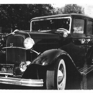 Jack's second car. This '32 Fordor was built in '59 by Larry Banker of Glendora. Dad bought it from Larry in '61 for $1295!!!! Larry bought the original car from an old lady who bought it new. He used a 302" SBC, 3 speed, and Chevy rear end. The car had 30 coats of black lacquer, and a gorgeous wine colored interior by Greg Schifano This car remains one of the nicest 32 sedans I've ever seen.