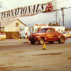 Joe Lassalette's 40 Willys at '65 Winternationals. With Stan Johnson's 339" Chevy they won C/Gas at the '65 Winternationals and the '65 March Meet. Joe bought the stock Willys from John Mulligan. I helped Joe drag it out of the Mulligan family barn in Buena Park in '64. Joe recently learned that the car is now in Germany.