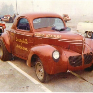 Joe's Willys in the lanes at Pomona, '65 Winter Nationals. My roadster is right behind the Willys. We both won our class. It was a good weekend for the West Covina boys! We both went to the March Meet a month later and won our classes there too.