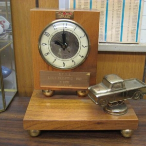 This clock was awarded to my Dad for being SCTA high point champion in 1960. By raising the B/Gas class record at all 5 lakes meets, he earned enough points to win the championship. After 50 years, it still keeps perfect time.