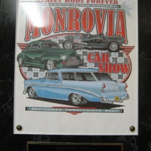 This plaque means a lot to me. At the 2007 Street Rods Forever Monrovia show, Troy Ladd thought enough of my roadster to give it his sponsor's choice award. Thanks Troy!