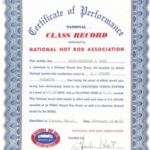 NHRA B/SR class record certificate, 1963.
Both of these certs are signed by Jack "Pappy" Hart himself.