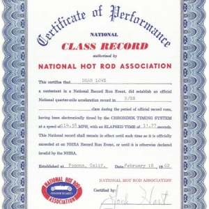 NHRA B/SR class Record certificate, 1962. My first national record. The first B street roadster ET record under 12 seconds.