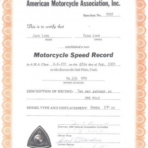 AMA 100 CC open fuel class record Certificate. 
These certs mean a lot to me because I was 24, and Jack was 20, and it was probably the best time the two of us ever had together.