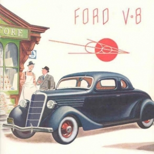 1935 Ford advertizing, skirts added, lowered lights, painted grill, no horns, otherwise as drawn for add. 
©SUHRsc 2009