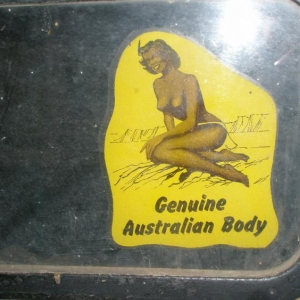 This decal is on the back widow of an A tub that friend bought a couple of years ago.The car was put on blocks ( the last rego label was 1967 ) 1967.Political correctness certainly wouldn't allow this today. Aboriginal Australians didn't actually get citizenship until 1967.Shows how things have changed !