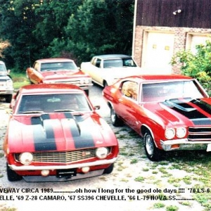 My driveway in 1989. '69 Z-28, '70 LS-6 chevelle, yellow 1965 Z-16 chevelle, red '67 SS396 chevelle and a black L-79 SS nova....