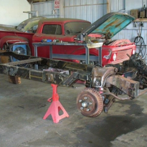 this is (from front to rear)  subframe: 1967 buick lasabre, middle : 1938 original frame, rear: 1954 chevy panel frame. I can admit now, that i messed up, I should have thrown the 1938 frame piece away and just put the 67 subframe on the 54 rear section! live and learn, I was a great fabricating challenge to make this frame happen....