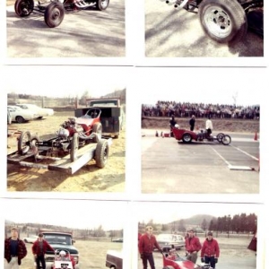 1 & 2: Steel front wheels, no body, almost stock flattie (heads and 4bbl) short pipes, 3: "New" trailer, wires up front 1st day at the track, 4: First run! Look close, the tire pump is still on the fuel tank,  5 & 6:  Didn't blow up or crash!!  Proud Downshifters in our red club jackets