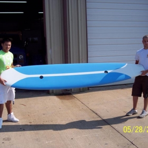 Surf board for woodie desk "roof" and the guys from the high school body shop class who painted it.