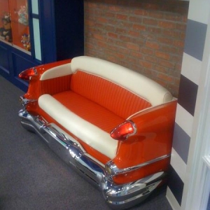 Finished 56 Olds 98 couch. Real tuck and roll and wired for the lights.