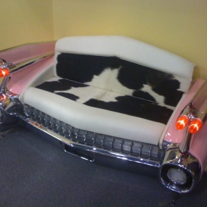 Finished 59 Caddy couch I upholstered in cowhide. Caddys and cows just go, don't they? LOL