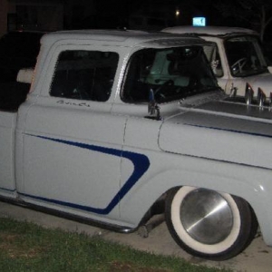 1960 Ford F100 - sitting on shortened 79 Ranchero frame, 302 /auto, flip forward hood, bed shortened, power everything. Super custom front to rear, built by my dad who has been building hot rods and kustoms since the 60's.