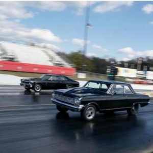Hog Mountain Garage Black Saturday Invitaional 2010. The little Nova catches Terry napping at the tree. Randy driving, it ran 13 flat. Terry ran 11.12. Terry retains the perpetual trophy for the 4th straight year.