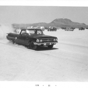 Dad's '60 El Camino. This car, with a stroked 348 W motor tuned by Don Nicholson, raised the B/Gas class record at all 5 lakes meets in 1960 earning Dad the 1960 SCTA high point champion trophy. Best speed was right at 145. The engine then went into a '53 Stude coupe for '61 which raised the record 3 more times with a best of 154 at El Mirage, and 166 at Bonneville.