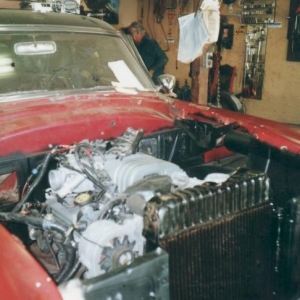 2003: Different view showing the engine in place and appearing to be nearly ready to be test-fired. Engine was nice and clean then, suggesting that it was from a fresh wreck. Radiator was new.