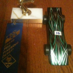 my buddy lee's son won best paint job for his pinewood derby car i pinstriped for him.. i didnt think it looked that good lol
