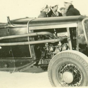 model A ford with 34 grill and four banger taken at dry lakes about 1936