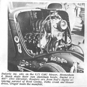 The 554's engine in it's final configuration with the Al Sharp billit heads. Amazing to think this engine pulled the 2600 pound coupe faster and quicker than similar engines in much lighter fiberglass bodied altereds. Mr. Mooneyham knew how to make horsepower, and Larry Faust knew how to use it!