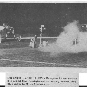 Another title defense. This time against Boyd Pennington under the lights at San Gabe. The blue coupe was very busy during the summer of '63. I saw all of Gene and Larry's title races, and though Larry beat Boyd 2 straight, these were close races. When the coupe left the west coast, Boyd wound up holding the #1 spot for a time untils he went top fuel racing.