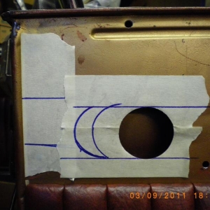 open for hand room to put nut plate behind for door check strap. strap is on top of door as not to be in the way of feet getting in and out