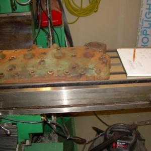 Flathead Honing Plate 2 - This is the basic setup to determine flatness of the head/block face and to evaluate the thickness of the head bolt bosses.  I will set the head on these bosses to mill the head/block face to assure it's flatness as a honing plate.