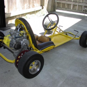 A Rupp Dart A Bone kart, about 1968 vintage.  I bought this and the maroon Dart A Bone from the original owners, a couple of brothers  from Petaluma.  I converted a McCulloch Super 44 chain saw engine and put it on this one.  Sold it to a guy in Visalia, but wish I'd kept it.