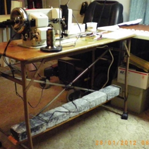 bricks to hold table down. note wheels