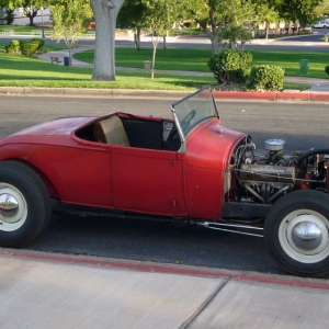 Its channeled on a Deuce frame with cool chrome homemade hairpins and '36 rear radius rods. The grille shell needs to be moved back a few inches.